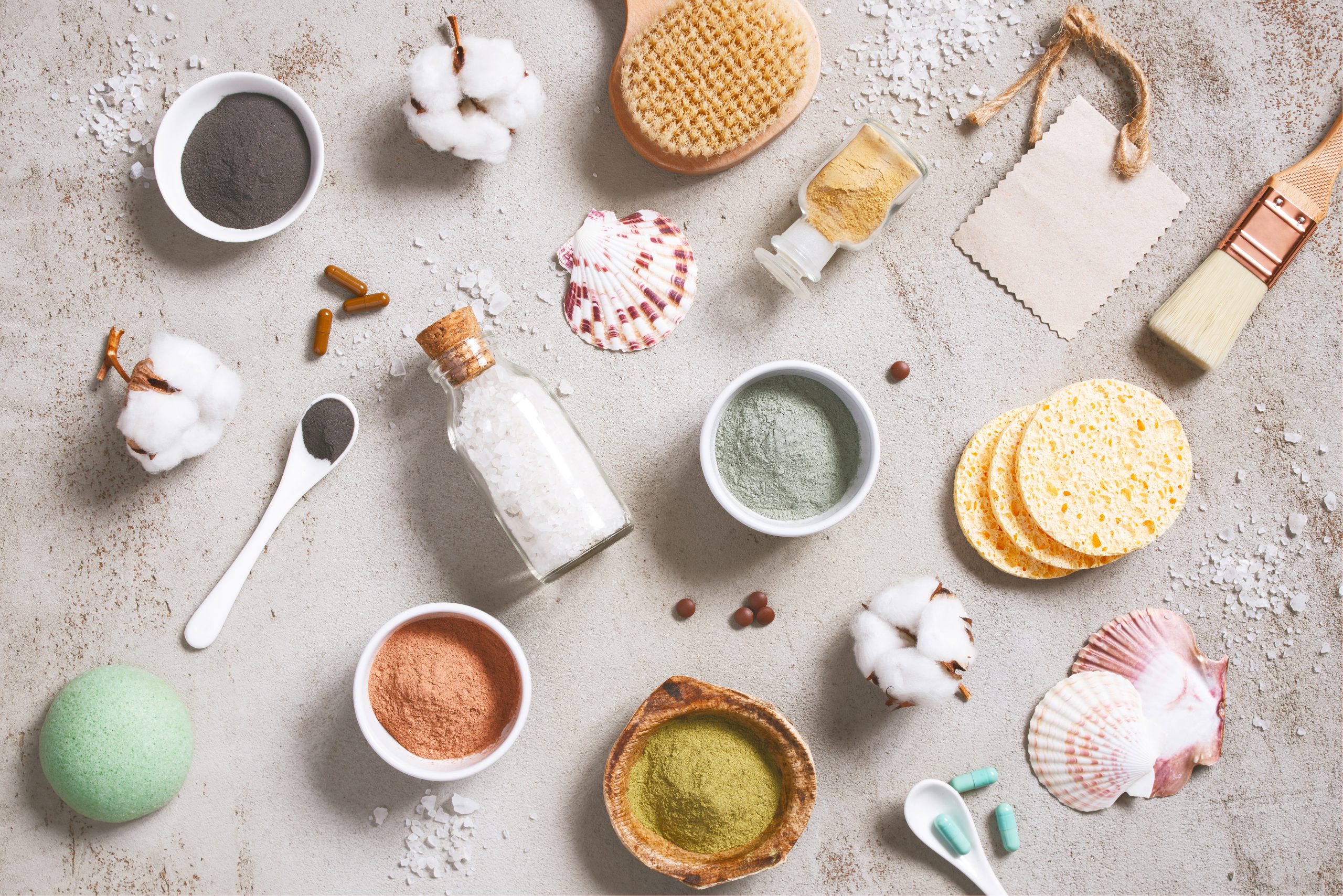 Natural ingredients for care cosmetics, organic body care products, top view